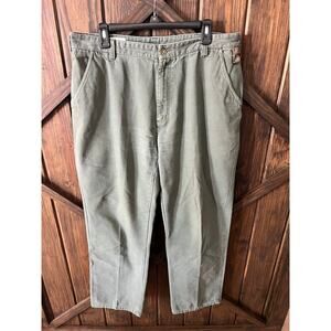 Orvis Pants Men Cotton Sz 36- Army Green Leather Trim D Ring Fishing- Pre-owned